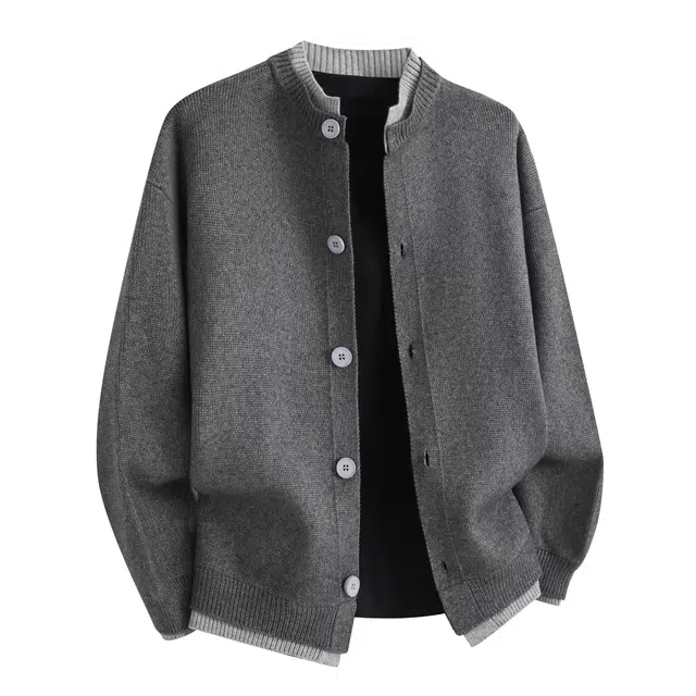 北欧攻略 美式高街复古学院风高级设计感上衣宽松百搭拼接假两件个性开衫外套潮流螺纹袖口保暖单排扣撞色针织衫 男女同款