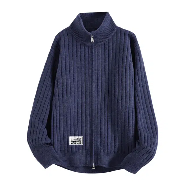 吾皇猫 原创美式复古高街简约基础款学院风立领开衫上衣慵懒风时尚贴布双拉链外套潮流潮牌痞帅百搭高级感长袖毛衣 男女同款