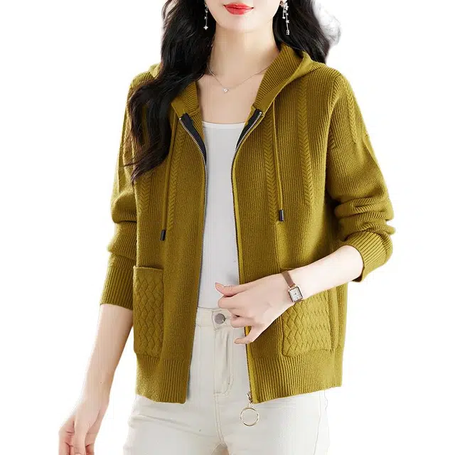 袋鼠 舒适简约洋气宽松连帽纯色质感纹路长袖针织衫 女款