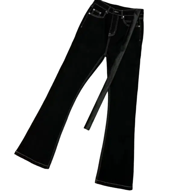 一碗士多 微喇弯刀飘带设计高街美式复古潮流时尚百搭休闲水洗日常通勤舒适修身显瘦小众高级感痞帅牛仔裤 男女同款