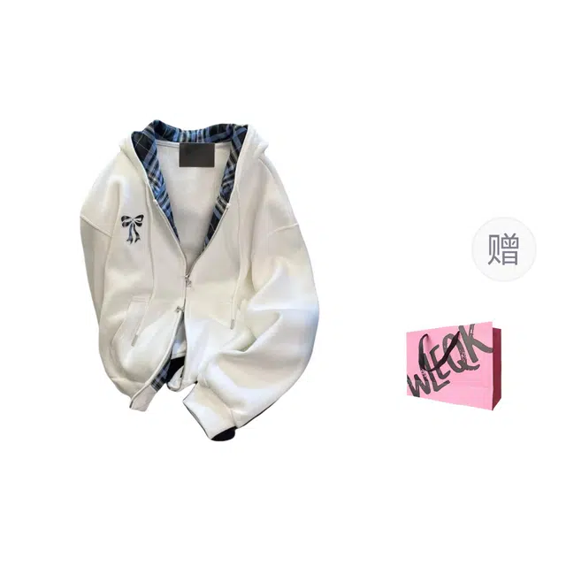 怪力萝莉 美式拼接格纹连帽高级感开衫外套卫衣 女款