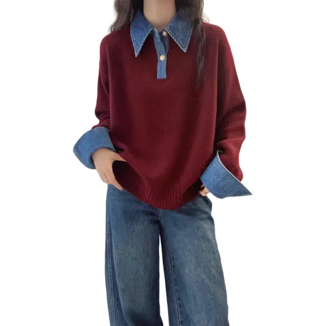 沐晓欣 牛仔拼接假两件欧洲站秋冬宽松翻领时尚百搭上衣潮针织衫 女款