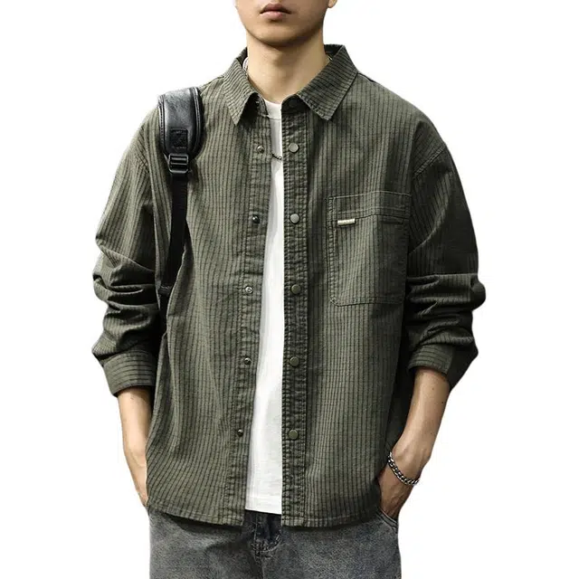 前进牛 秋季日系休闲复古潮牌华夫格肌理感潮流文艺风宽松大码翻领衬衣外套长袖衬衫 男女同款