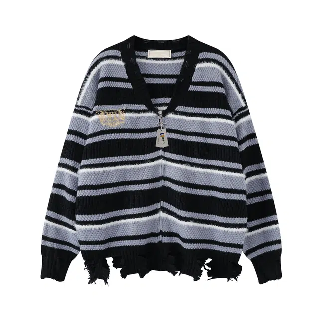 地界二 美式复古条纹割破下摆男慵懒风宽松百搭拉链开衫外套条纹割破下摆慵懒风青春活力风针织衫 男款
