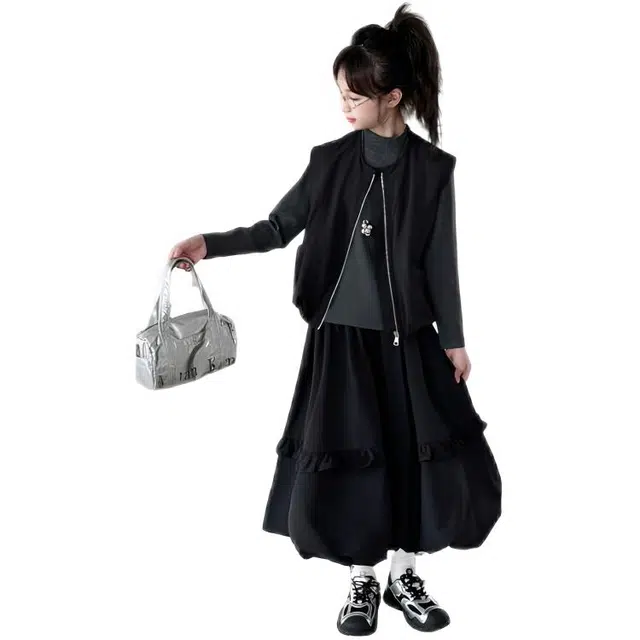 儿童款 木木兔裙装套装 时髦洋气秋季女童裙子 大童 学院风工装马甲花苞裙三件套 柔软百搭潮流青春时尚