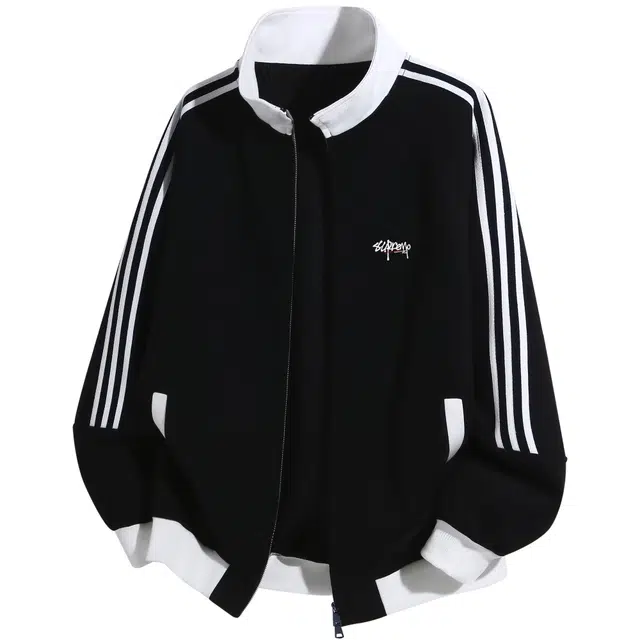 吾皇猫 学院风美式复古无性别主义穿搭立领设计感时尚潮流侧边织带插肩袖宽松运动开衫休闲夹克外套 男女同款