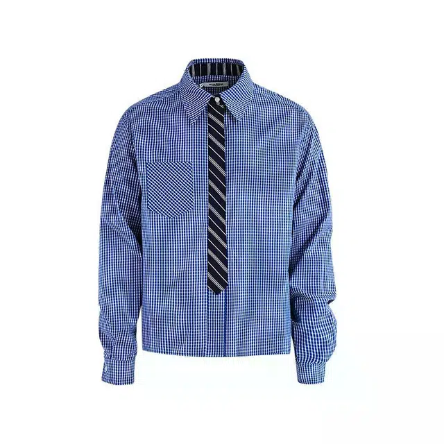 地界二 美式复古潮牌格子长袖衬衣男学院风宽松百搭领带格纹外套复古格子长袖潮衬衫 男款