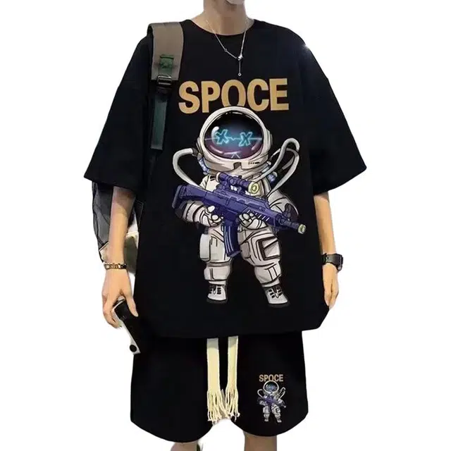 一碗士多 美式复古动漫卡通趣味个性宇航员小众时尚印花设计舒适凉爽宽松百搭圆领上衣中腰系带五分裤休闲运动套装 男女同款