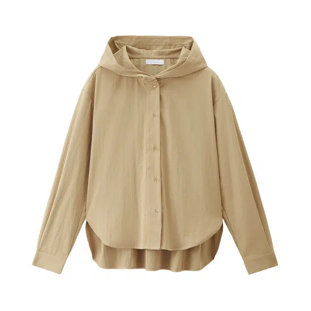 佐丹奴 挺括量感衬衣前短后长宽松连帽长袖衬衫 女款