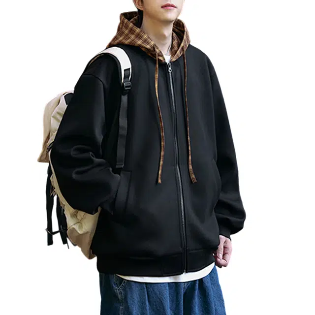 冈哉 撞色格纹内衬连帽抽绳设计美式学院风纯色简约潮流宽松休闲百搭舒适柔软亲肤卫衣 男女同款