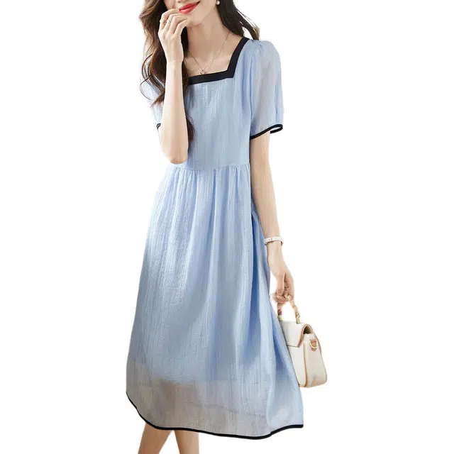 沫晗依美 中腰泡泡袖拼接短袖连衣裙 女款 蓝色