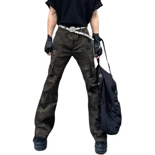 单爵 美式复古微喇迷彩裤男款高街休闲裤 男女同款