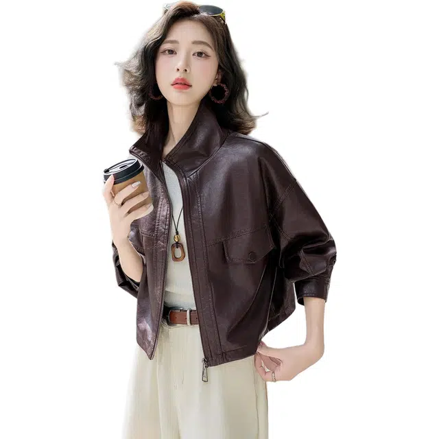 袋鼠 简约时尚个性休闲气质立领夹克皮衣外套 女款