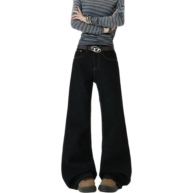 洞洞拐 加绒加厚微喇高腰不贴腿宽松显瘦阔腿长裤牛仔裤 男女同款