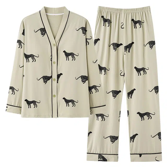 俏霓桐 春秋季可爱休闲动物印花简约优雅气质风纯棉亲肤和服带胸垫家居服可外穿睡衣套装 女款