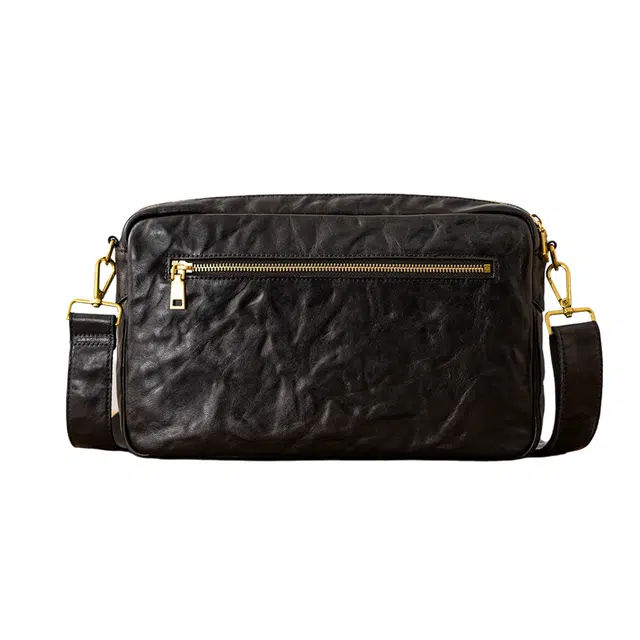 后步 小众原创设计通勤休闲中古潮流高级时尚百搭个性 头层牛皮 邮差包单肩斜挎包 男女同款情侣款 黑色