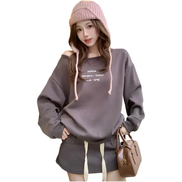 黛尔佳人 春款一字肩印花长袖柔软休闲时尚百搭潮流个性舒适卫衣 女款