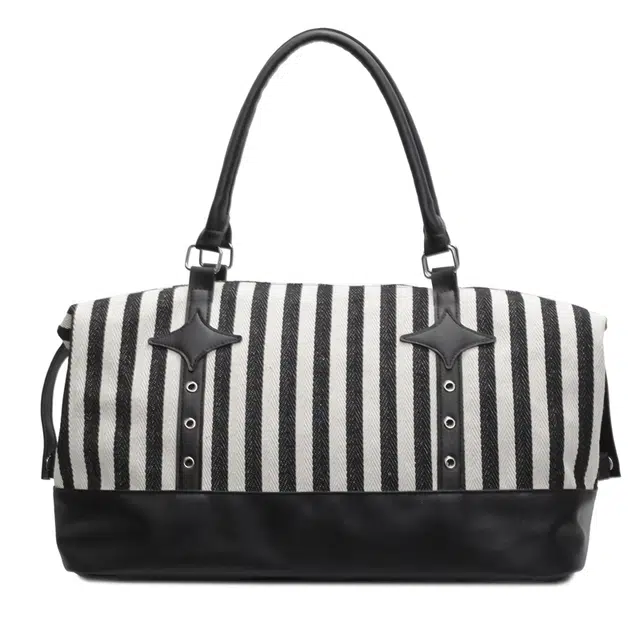 德力熊 简约条纹短途旅游背包轻便时尚外出行李包运动健身包 尼龙 旅行包 女款 黑色/卡其色