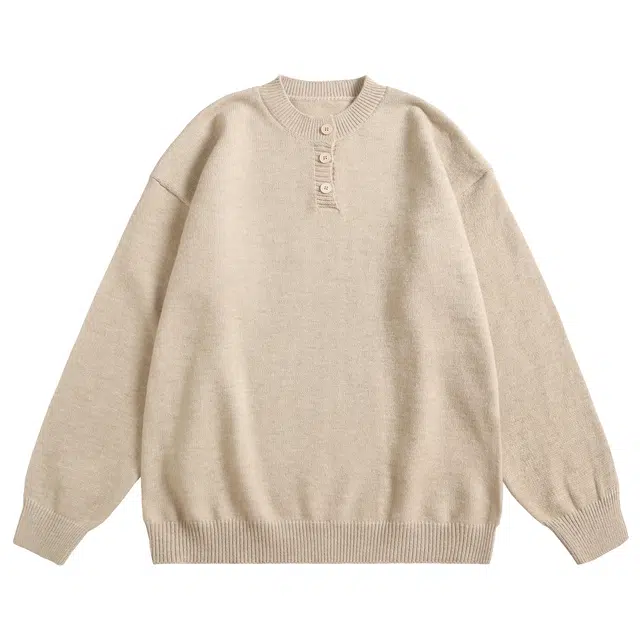 北欧攻略 美式基础款宽松纯色长袖亨利领无性别主义打底衫时尚百搭慵懒风高级感螺纹收口防风保暖落肩针织衫 男女同款