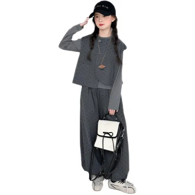 木木兔休闲运动套装 青春潮流时尚女大童秋季不规则马甲灯笼裤三件套 宽松百搭舒适潮酷时髦洋气 青少年