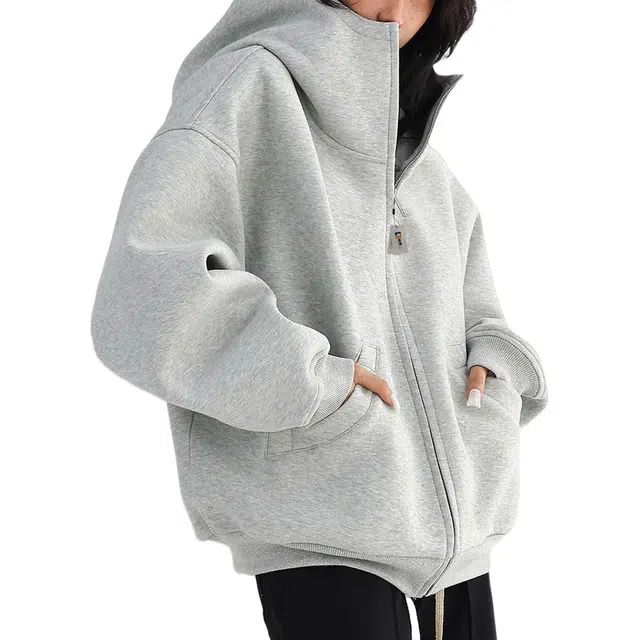 地界二 美式复古街头高级感廓形拉链男秋季宽松休闲连帽衫运动外套高级感廓形拉链纯色常规潮开衫卫衣 男款