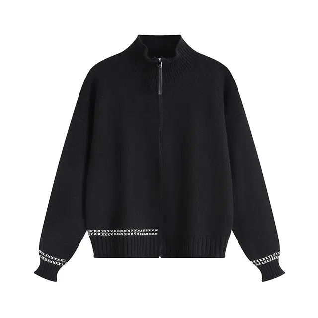 佐菲利 美式开衫纯色拉链外套高级感潮牌立领加厚夹克宽松褂子针织衫 男女同款