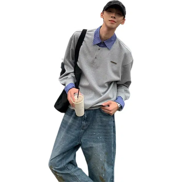 徐百货 学院风假两件高级感翻领卫衣春秋潮牌设计感小众长袖内搭打底衫衬衫 男女同款
