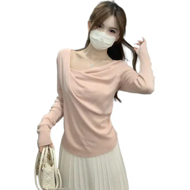 沐晓欣 秋季韩系纯欲显瘦慵懒打底上针织衫 女款