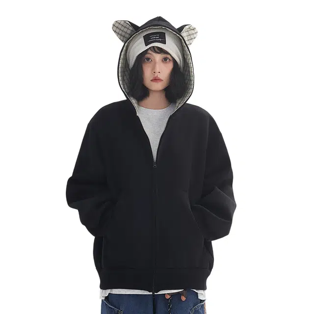 冈哉 美式学院风撞色格纹拼接猫耳连帽设计纯色基础款宽松简约高级感休闲复古机能风卫衣外套 男女同款