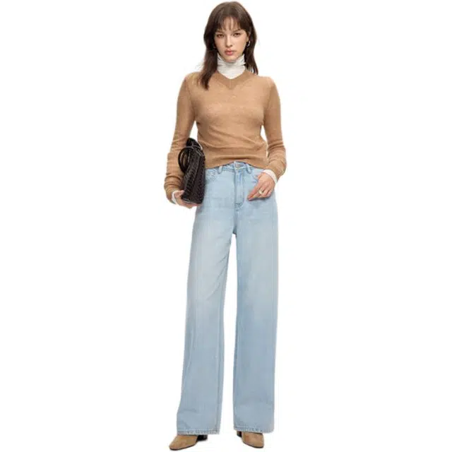 淑好百 浅蓝色天丝阔腿松弛风高腰牛仔裤 女款
