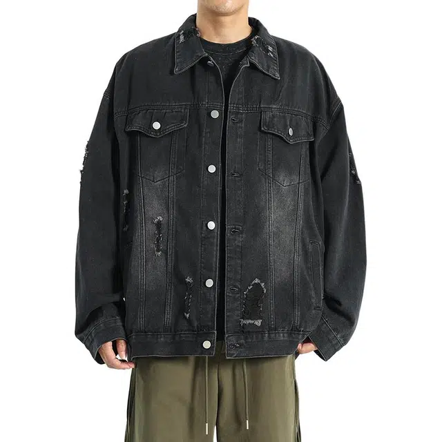 太子龍 破洞工装春秋季美式复古水洗做旧潮牌宽松上衣长袖牛仔外套 男款