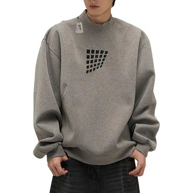 地界二 美式街头方块印花休闲宽松长袖男圆领套头潮牌上衣方块印花宽松长袖卫衣 男款