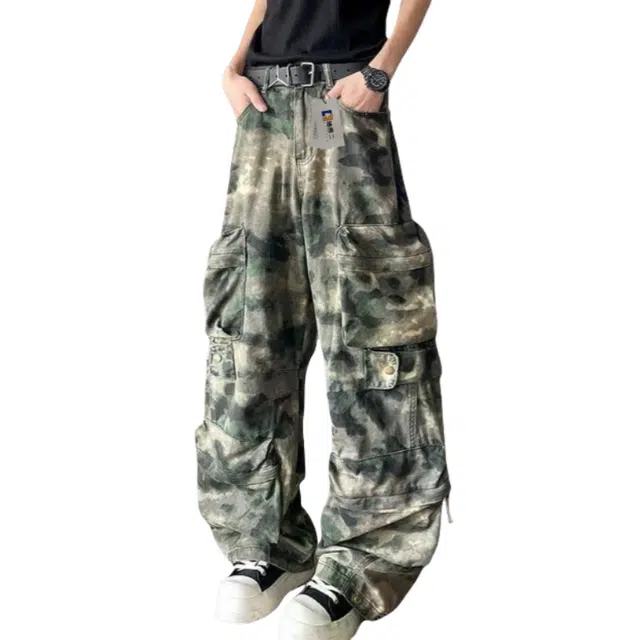 地界二 春秋迷彩直筒美式高街复古休闲潮牌痞帅嘻哈宽松日系裤子工装裤 男款