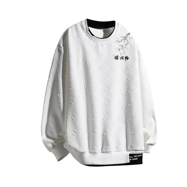 梓润格 简约百搭美式休闲时尚潮流设计无性别主义酷飒通勤舒适高街提花户外运动假两件圆领套头一穿即走印花高级感潮打底衫卫衣 男女同款