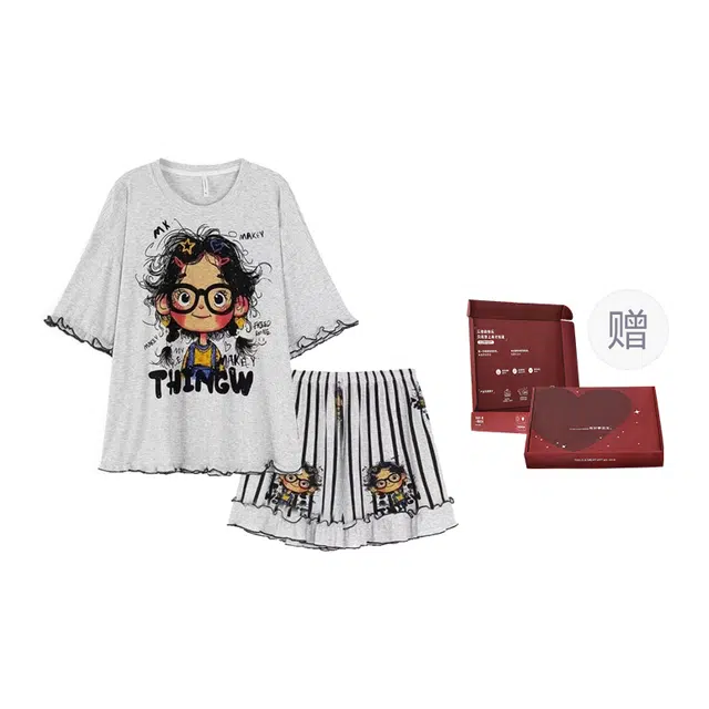 顶瓜瓜 棉质短袖短裤圆领套头可爱卡通条纹眼镜女孩休闲家居服夏季睡衣礼盒 女款