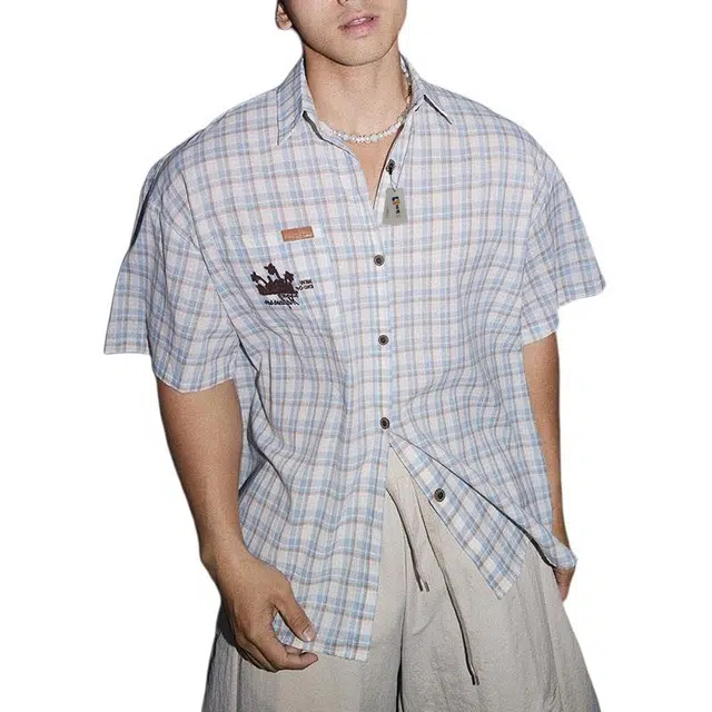 地界二 美式复古潮牌格子短袖男夏季学院风宽松百搭休闲格纹衬衣复古格子短袖潮衬衫 男款