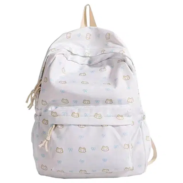 德力熊 印花卡通可爱蝴蝶结猫咪 尼龙布 双肩包 常规 女款 白色