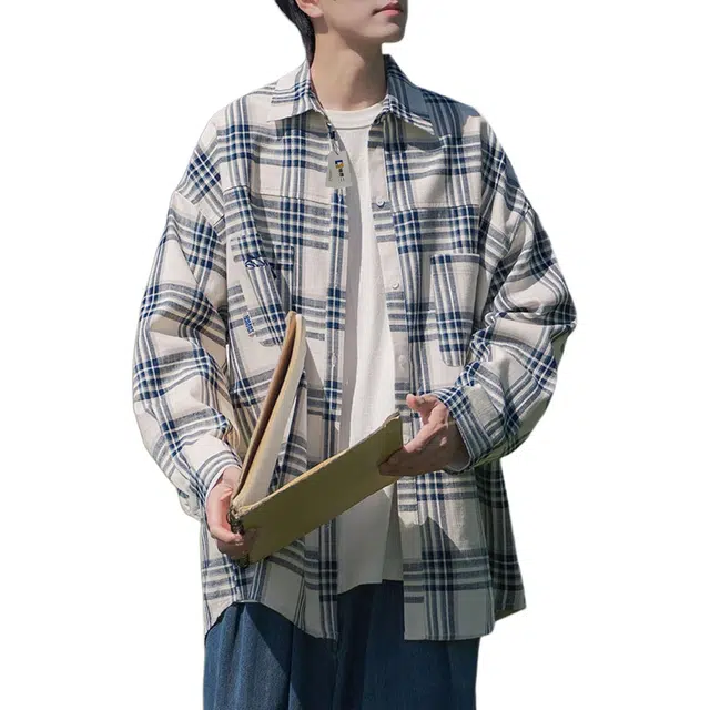 地界二 美式街头潮牌长袖格子男秋季复古宽松休闲百搭格纹衬衣外套复古宽松休闲格子潮衬衫 男款