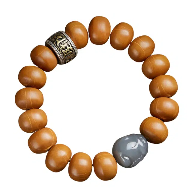 宣华意 国潮新中式轻奢高端 盘玩文玩光珠 手工原籽复古佛念珠 招财貔貅 六字真言 转运#好运 单圈 橄榄核 手串 男女同款情侣款