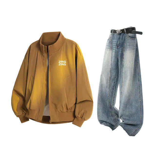 梓润格 高级街头美式阔腿复古蓝炸街舒适氛围感高街宽松设计感无性别主义户外酷飒帅气经典时尚潮流弯刀裤穿搭休闲运动套装 男女同款