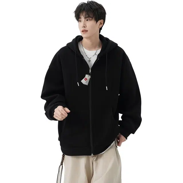 北极绒 连帽开衫男春季潮牌宽松休闲潮流外套连帽开衫春季纯色收口袖宽松型潮卫衣 男款