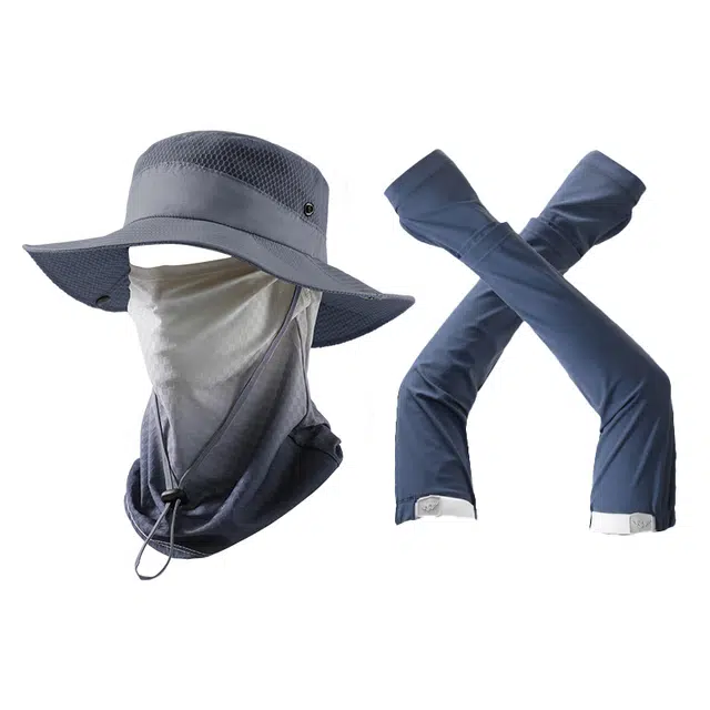 俞兆林 大帽檐网眼透气遮阳帽子户外钓鱼登山旅游徒步速干太阳帽遮全脸护颈围脖套冰丝袖套加长护手臂套冰凉 轻薄款 渔夫帽 男款