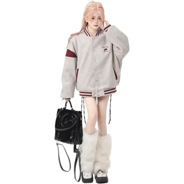 邓大喵 美式宽松拼接外套女春秋款设计感小众飞行员夹克棒球服 女款