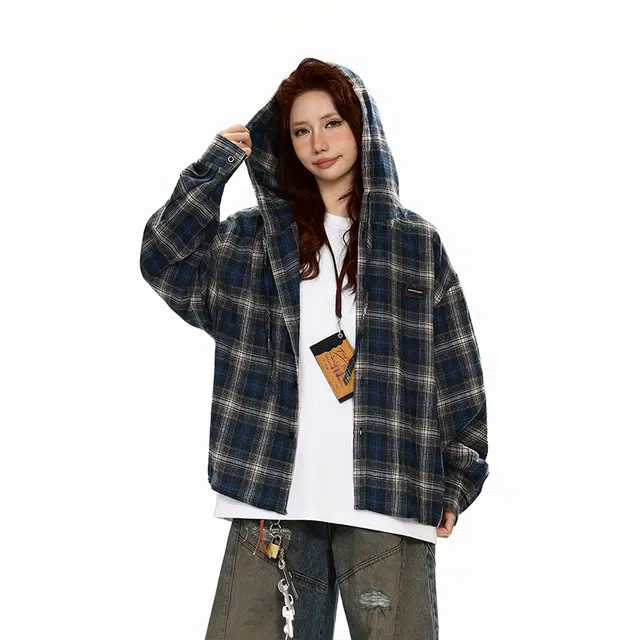 冈哉 美式复古基础款长袖秋款格纹大格子连帽叠穿潮搭垂感痞帅宽松外套少年感舒适打底内搭外穿衬衫 男女同款