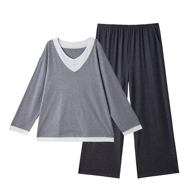 俏薇妮 春秋款纯棉假两件套长袖女家居服睡衣套装 女款