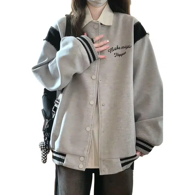 邓大喵 美式外套女秋冬款宽松休闲夹克棒球服 女款