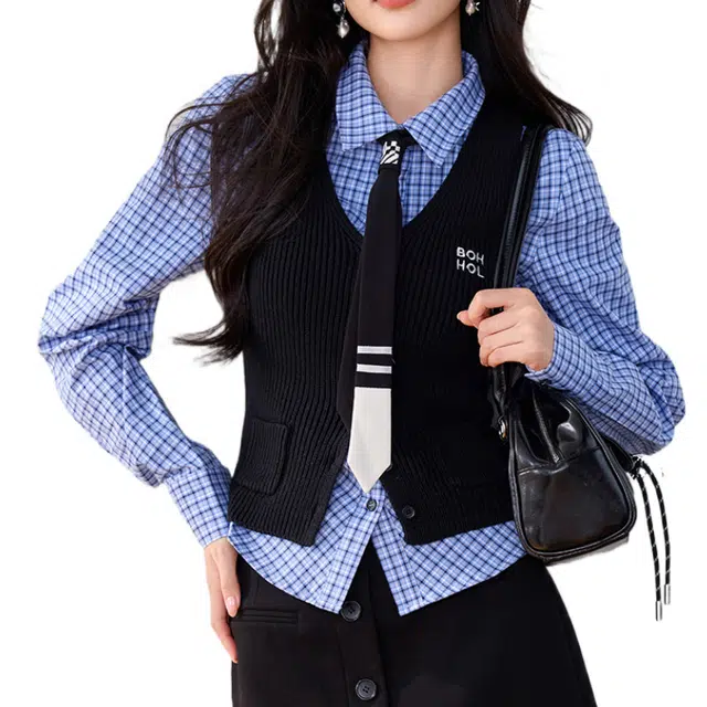 兰缪 设计感时尚气质收腰修身针织衬衫套装背心 女款