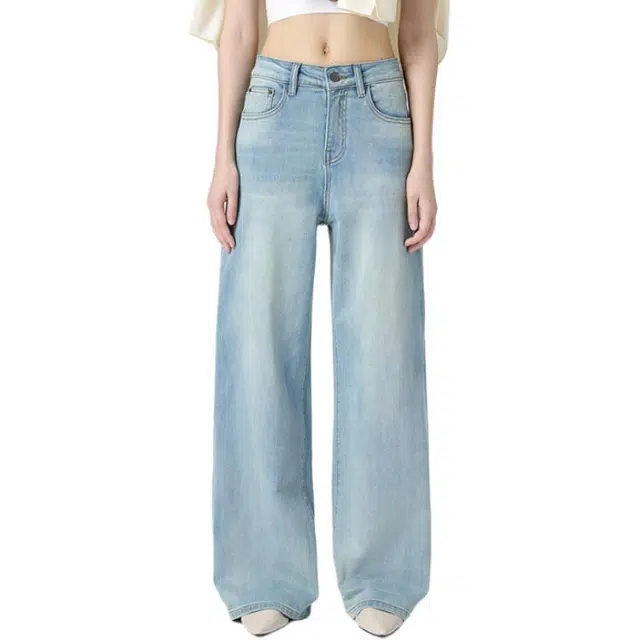 淑好百 宽松阔腿裤秋季休闲高腰牛仔裤 女款