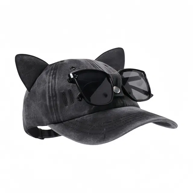 街头嘻哈飞行员风可爱猫耳朵带眼镜扣个性百搭墨镜版水洗帽子 棉涤材质帽饰 时尚鸭舌帽 男女同款情侣款