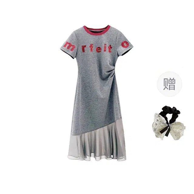 涂诗菲 时尚高端重工烫钻褶皱大码显瘦雪纺拼接鱼尾气质圆领短袖连衣裙 女款